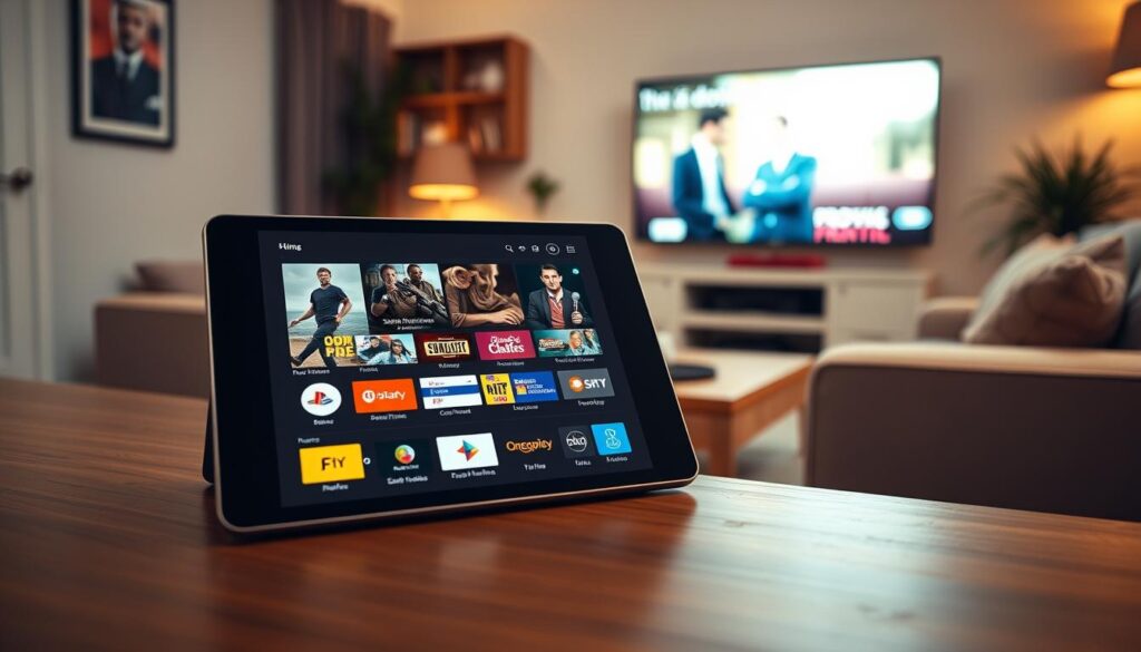 A sleek and modern user interface of an IPTV application displayed on a tablet, set on a stylish wooden table. The foreground features the tablet with vibrant app icons showcasing streaming content genres like movies, sports, and news. In the middle, a comfy living room setting with a cozy couch and decorative pillows, reflecting a relaxed viewing environment. The background shows a softly lit room with warm lighting, highlighting a flat-screen TV displaying a popular French film. Use a warm color palette to create an inviting atmosphere, and employ a slightly elevated angle to capture both the tablet and the cozy room setting vividly. A sleek and modern user interface of an IPTV application displayed on a tablet, set on a stylish wooden table. The foreground features the tablet with vibrant app icons showcasing streaming content genres like movies, sports, and news. In the middle, a comfy living room setting with a cozy couch and decorative pillows, reflecting a relaxed viewing environment. The background shows a softly lit room with warm lighting, highlighting a flat-screen TV displaying a popular French film. Use a warm color palette to create an inviting atmosphere, and employ a slightly elevated angle to capture both the tablet and the cozy room setting vividly.