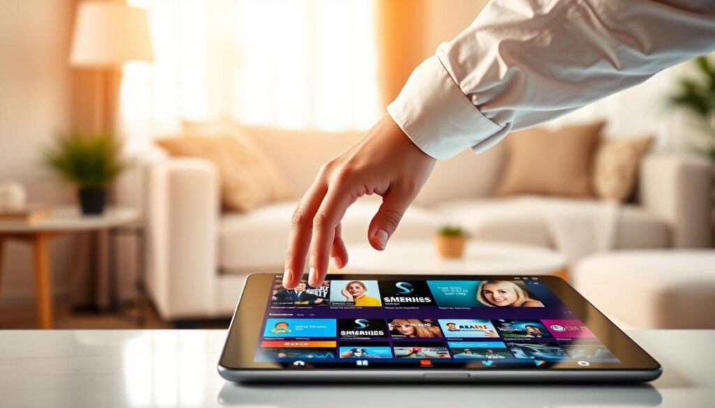 A sleek and modern user interface of the IPTV Smarters Pro app displayed on a tablet, positioned on a stylish, minimalist desk. The foreground features the tablet with vivid colors showcasing the app's interface, including a range of streaming options and eye-catching thumbnails. In the middle ground, an elegant hand reaches towards the screen, interacting with the app, wearing a professional business shirt. The background consists of a softly blurred home environment, with a cozy sofa and subtle decorative elements to suggest a relaxing viewing atmosphere. Warm, natural lighting filters into the room, creating an inviting feel, while the overall mood captures the essence of enjoying streaming content effortlessly and enjoying the practical tips provided in the article. A sleek and modern user interface of the IPTV Smarters Pro app displayed on a tablet, positioned on a stylish, minimalist desk. The foreground features the tablet with vivid colors showcasing the app's interface, including a range of streaming options and eye-catching thumbnails. In the middle ground, an elegant hand reaches towards the screen, interacting with the app, wearing a professional business shirt. The background consists of a softly blurred home environment, with a cozy sofa and subtle decorative elements to suggest a relaxing viewing atmosphere. Warm, natural lighting filters into the room, creating an inviting feel, while the overall mood captures the essence of enjoying streaming content effortlessly and enjoying the practical tips provided in the article.