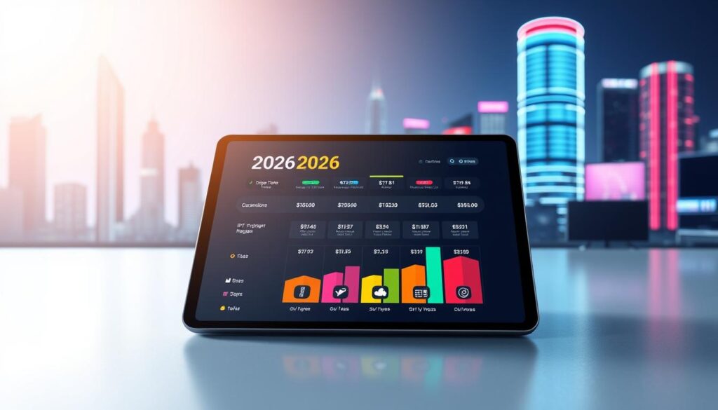 A sleek digital illustration representing a futuristic IPTV subscription price chart for the year 2026. In the foreground, a modern tablet displays a dynamic and colorful infographic showcasing various subscription tiers with price ranges. In the middle ground, subtle icons represent streaming services and devices like smart TVs and mobile phones. The background features a minimalist, tech-inspired city skyline with neon lights, symbolizing connectivity and technology. The lighting is bright and vibrant, creating an optimistic atmosphere. Use a wide-angle lens effect to emphasize the depth and richness of the scene, while maintaining a clean composition without any text or distractions. A sleek digital illustration representing a futuristic IPTV subscription price chart for the year 2026. In the foreground, a modern tablet displays a dynamic and colorful infographic showcasing various subscription tiers with price ranges. In the middle ground, subtle icons represent streaming services and devices like smart TVs and mobile phones. The background features a minimalist, tech-inspired city skyline with neon lights, symbolizing connectivity and technology. The lighting is bright and vibrant, creating an optimistic atmosphere. Use a wide-angle lens effect to emphasize the depth and richness of the scene, while maintaining a clean composition without any text or distractions.