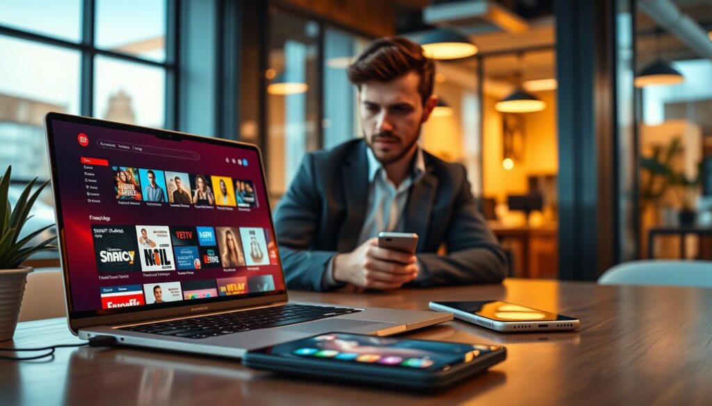 A sleek digital workspace featuring a modern laptop screen displaying the interface of popular IPTV applications in France, surrounded by vibrant and colorful icons representing those apps. In the foreground, a professional individual in smart casual attire, intently browsing through vibrant IPTV listings, with a focused expression. In the middle, a stylish desk with a tablet and smartphone also showing streaming content, with faint reflections on the screen. The background features a contemporary office environment, with warm, inviting lighting that emphasizes a sense of productivity and innovation. The atmosphere is energetic yet professional, ideal for showcasing the top IPTV applications of 2024. A sleek digital workspace featuring a modern laptop screen displaying the interface of popular IPTV applications in France, surrounded by vibrant and colorful icons representing those apps. In the foreground, a professional individual in smart casual attire, intently browsing through vibrant IPTV listings, with a focused expression. In the middle, a stylish desk with a tablet and smartphone also showing streaming content, with faint reflections on the screen. The background features a contemporary office environment, with warm, inviting lighting that emphasizes a sense of productivity and innovation. The atmosphere is energetic yet professional, ideal for showcasing the top IPTV applications of 2024.