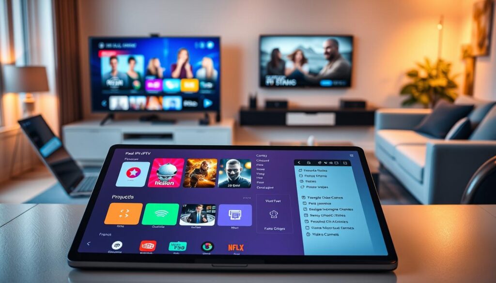 A sleek digital workspace illustrating the concept of IPTV applications in France. In the foreground, a modern tablet display showcases a vibrant user interface of popular IPTV applications featuring colorful icons and a list of channels, reflecting advanced functionalities. The middle ground features a stylish desk with a laptop, smart TV, and streaming devices, all illuminating the workspace with a soft glow. In the background, a cozy living room setup is seen, adorned with contemporary furniture and a large screen displaying an engaging IPTV content preview. The lighting is warm and inviting, creating a professional yet relaxed atmosphere, emphasizing the benefits of paid IPTV applications in France. The overall mood is one of modern convenience and digital entertainment.