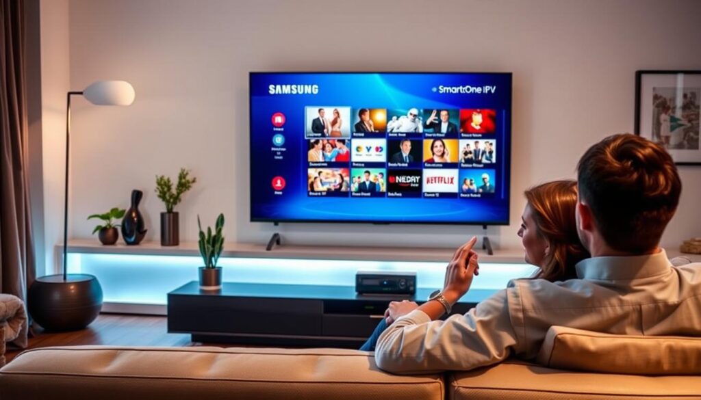 A sleek living room featuring a modern Samsung TV prominently displaying the SmartOne IPTV interface. In the foreground, a couple, dressed in smart casual attire, sits comfortably on a stylish sofa, enjoying the viewing experience together. In the middle ground, the Samsung TV screen is illuminated with vibrant colors showcasing a variety of TV channels available through SmartOne IPTV. The background features soft, ambient lighting creating a cozy atmosphere, with contemporary decor elements like plants and artwork. The scene is captured from a slightly elevated angle, emphasizing both the TV and the engaged couple, conveying a sense of enjoyment and user-friendliness of the IPTV service on Samsung devices.