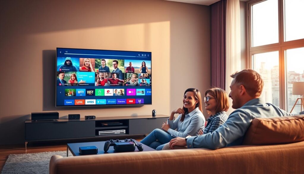 A sleek living room setup showcasing a large, modern flat-screen TV displaying vibrant streaming content, symbolizing the benefits of a reliable 12-month IPTV subscription. In the foreground, a family of four, dressed in casual, professional attire, is gathered on a comfortable sofa, enjoying their interactive viewing experience. In the middle, a sleek media console filled with advanced tech gadgets, emphasizing performance and connectivity. The background features warm ambient lighting with soft shadows, creating an inviting and cozy atmosphere. A large window lets in natural light, enhancing the scene's clarity and appeal. The overall mood is cheerful and engaging, reflecting the joy of quality entertainment and connectivity. A sleek living room setup showcasing a large, modern flat-screen TV displaying vibrant streaming content, symbolizing the benefits of a reliable 12-month IPTV subscription. In the foreground, a family of four, dressed in casual, professional attire, is gathered on a comfortable sofa, enjoying their interactive viewing experience. In the middle, a sleek media console filled with advanced tech gadgets, emphasizing performance and connectivity. The background features warm ambient lighting with soft shadows, creating an inviting and cozy atmosphere. A large window lets in natural light, enhancing the scene's clarity and appeal. The overall mood is cheerful and engaging, reflecting the joy of quality entertainment and connectivity.
