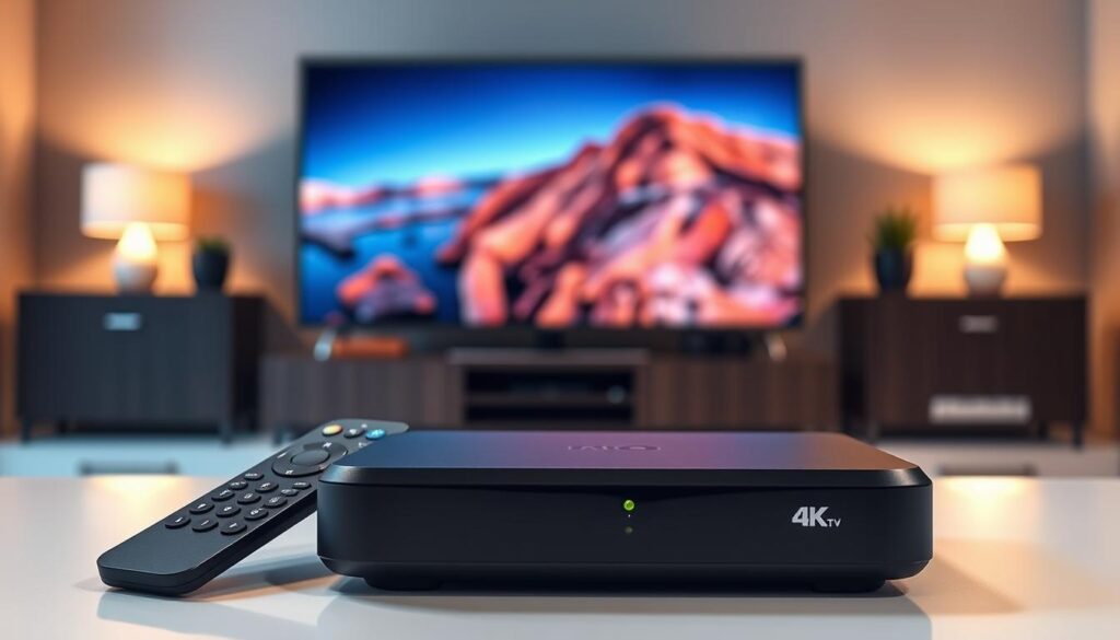 A sleek, modern IPTV 4K box showcased prominently in the foreground, featuring a compact design with smooth edges and a glossy black finish. The device should have illuminated status indicators and remote control placed beside it, indicating usability. In the middle ground, a stylish TV setup can be seen, displaying vibrant, high-resolution visuals to illustrate its capabilities. Behind the TV, a cozy living room setting with soft, ambient lighting creates a warm atmosphere, enhancing the focus on the IPTV box. The scene is captured with a slightly blurred background to emphasize the device, using a wide-angle lens for a dynamic perspective. The mood is inviting and tech-savvy, appealing to viewers interested in modern home entertainment solutions. A sleek, modern IPTV 4K box showcased prominently in the foreground, featuring a compact design with smooth edges and a glossy black finish. The device should have illuminated status indicators and remote control placed beside it, indicating usability. In the middle ground, a stylish TV setup can be seen, displaying vibrant, high-resolution visuals to illustrate its capabilities. Behind the TV, a cozy living room setting with soft, ambient lighting creates a warm atmosphere, enhancing the focus on the IPTV box. The scene is captured with a slightly blurred background to emphasize the device, using a wide-angle lens for a dynamic perspective. The mood is inviting and tech-savvy, appealing to viewers interested in modern home entertainment solutions.