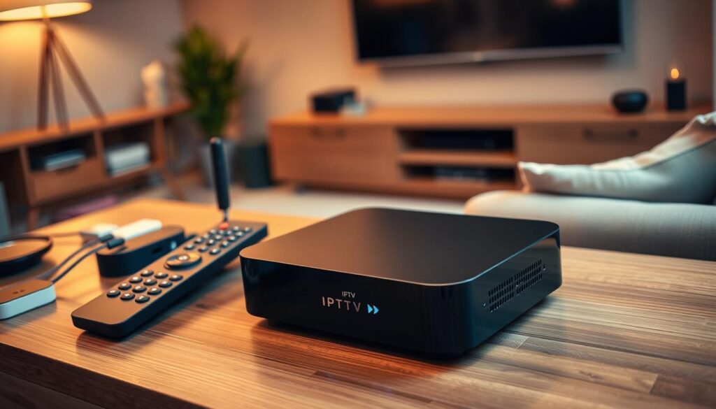 A sleek, modern IPTV media box prominently displayed on a stylish wooden table, with various connected devices such as a TV, remote control, and streaming accessories. The box features a glossy black finish, with soft blue LED lights indicating its operational status. In the background, a cozy living room setting is visible, showcasing a plush sofa and a large flat-screen TV mounted on the wall, with a warm, inviting ambiance created by soft, warm lighting. The shot is taken from a slight angle to emphasize the depth of the scene, capturing a sense of seamless integration between technology and home life. The overall mood is contemporary and sophisticated, highlighting the importance of the IPTV box in modern multimedia setups. A sleek, modern IPTV media box prominently displayed on a stylish wooden table, with various connected devices such as a TV, remote control, and streaming accessories. The box features a glossy black finish, with soft blue LED lights indicating its operational status. In the background, a cozy living room setting is visible, showcasing a plush sofa and a large flat-screen TV mounted on the wall, with a warm, inviting ambiance created by soft, warm lighting. The shot is taken from a slight angle to emphasize the depth of the scene, capturing a sense of seamless integration between technology and home life. The overall mood is contemporary and sophisticated, highlighting the importance of the IPTV box in modern multimedia setups.