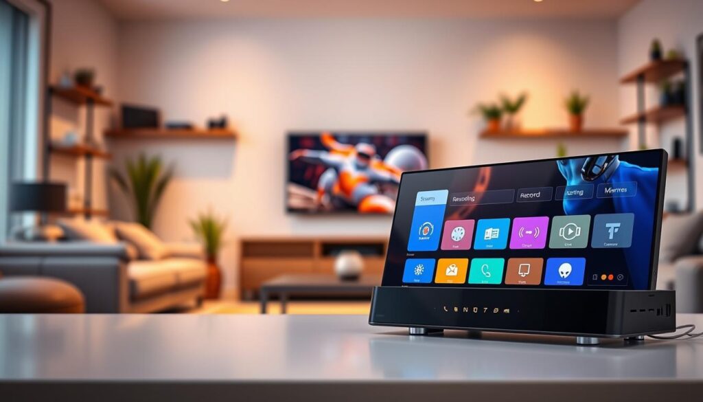 A sleek, modern IPTV media player showcased prominently in the foreground, displaying its advanced features on a vibrant, high-resolution screen. The interface reveals a user-friendly design with colorful icons for streaming, recording, and live television options. In the middle ground, a cozy living room setting with a stylish couch and large flat-screen TV, creating an inviting atmosphere for home entertainment. Soft, ambient lighting casts a warm glow, enhancing the focus on the media player. The background features shelves with tech gadgets and plants, suggesting a tech-savvy environment. The overall mood is one of sophistication and comfort, inviting viewers to experience seamless streaming. Capture this scene with a slightly elevated angle to emphasize the media player's prominence in the room. A sleek, modern IPTV media player showcased prominently in the foreground, displaying its advanced features on a vibrant, high-resolution screen. The interface reveals a user-friendly design with colorful icons for streaming, recording, and live television options. In the middle ground, a cozy living room setting with a stylish couch and large flat-screen TV, creating an inviting atmosphere for home entertainment. Soft, ambient lighting casts a warm glow, enhancing the focus on the media player. The background features shelves with tech gadgets and plants, suggesting a tech-savvy environment. The overall mood is one of sophistication and comfort, inviting viewers to experience seamless streaming. Capture this scene with a slightly elevated angle to emphasize the media player's prominence in the room.
