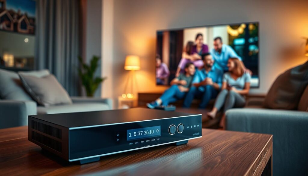 A sleek, modern IPTV multimedia player positioned on a stylish wooden table, surrounded by a vibrant living room setting. In the foreground, the IPTV device displays a dynamic interface showcasing advanced features such as a streaming library, user profiles, and interactive content options. The middle ground includes a comfortable sofa with a remote control placed casually on it, and soft cushions adding a cozy touch. The background features a large flat-screen TV with a vivid image, highlighting a family enjoying a movie night together, engaged and smiling. Warm, ambient lighting casts a welcoming glow throughout the room, creating an inviting atmosphere. The image should have a slightly angled perspective to emphasize depth and detail, capturing a sense of advanced technology enhancing user experience without any text or branding. A sleek, modern IPTV multimedia player positioned on a stylish wooden table, surrounded by a vibrant living room setting. In the foreground, the IPTV device displays a dynamic interface showcasing advanced features such as a streaming library, user profiles, and interactive content options. The middle ground includes a comfortable sofa with a remote control placed casually on it, and soft cushions adding a cozy touch. The background features a large flat-screen TV with a vivid image, highlighting a family enjoying a movie night together, engaged and smiling. Warm, ambient lighting casts a welcoming glow throughout the room, creating an inviting atmosphere. The image should have a slightly angled perspective to emphasize depth and detail, capturing a sense of advanced technology enhancing user experience without any text or branding.