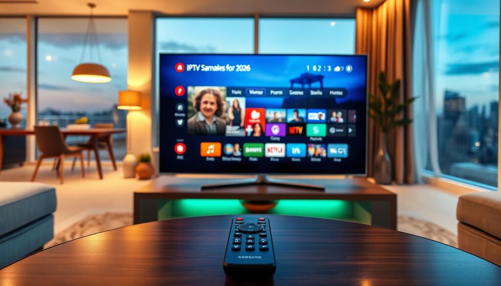 A sleek, modern Samsung Smart TV displaying a vibrant interface showcasing the best IPTV applications for 2026. In the foreground, a remote control is placed on a stylish coffee table, with an ambient glow reflecting off its surface. The middle ground features a cozy living room with contemporary furniture and tasteful decor, highlighting a family or professional setting. Soft, warm lighting fills the room, creating an inviting atmosphere, while the background shows large windows with a calming view of a city skyline at dusk. The image captures a sense of innovation and modern technology, appealing to viewers interested in the latest IPTV solutions for their Samsung TVs. The composition should be shot from a slightly elevated angle, emphasizing both the TV screen and the immersive living space. A sleek, modern Samsung Smart TV displaying a vibrant interface showcasing the best IPTV applications for 2026. In the foreground, a remote control is placed on a stylish coffee table, with an ambient glow reflecting off its surface. The middle ground features a cozy living room with contemporary furniture and tasteful decor, highlighting a family or professional setting. Soft, warm lighting fills the room, creating an inviting atmosphere, while the background shows large windows with a calming view of a city skyline at dusk. The image captures a sense of innovation and modern technology, appealing to viewers interested in the latest IPTV solutions for their Samsung TVs. The composition should be shot from a slightly elevated angle, emphasizing both the TV screen and the immersive living space.
