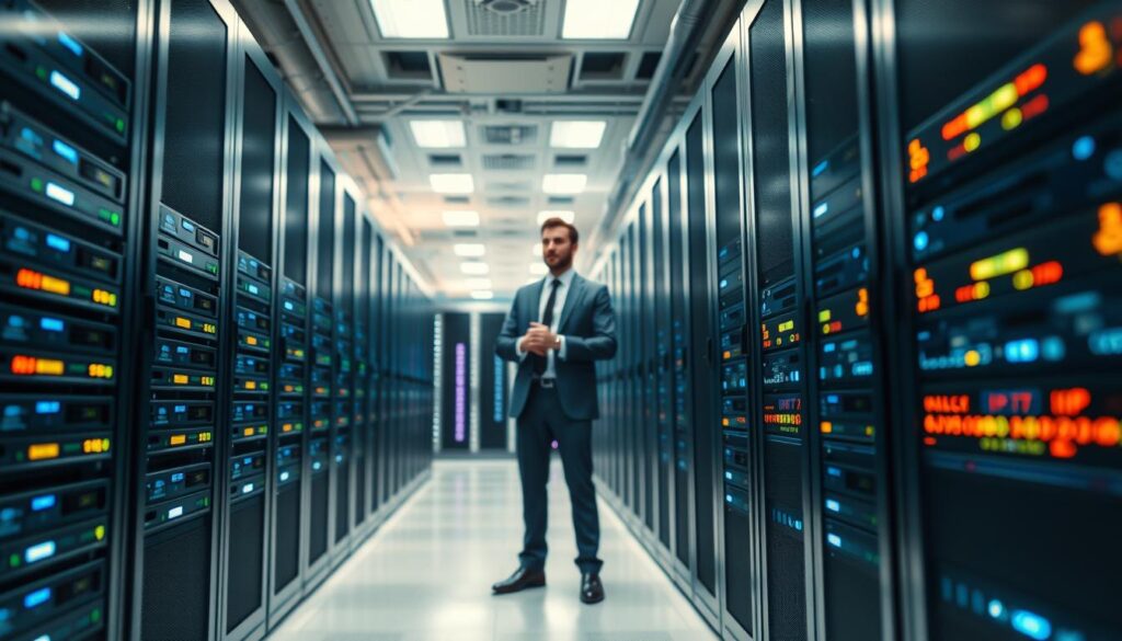 A sleek, modern data center interior showcasing premium IPTV servers, positioned prominently in the foreground. These servers, with bright LED lights indicating active connections, should be well-organized in racks, exuding a sense of advanced technology and reliability. In the middle ground, an engineer in professional business attire is examining server displays, conveying a feeling of dedication and expertise. The background features blurred rows of additional server racks, emphasizing depth and stability. Soft, cool white and blue lighting creates a clean, high-tech atmosphere, while a low-angle perspective highlights the impressive scale of the infrastructure. The overall mood should evoke confidence in the quality and stability of the IPTV services being provided. A sleek, modern data center interior showcasing premium IPTV servers, positioned prominently in the foreground. These servers, with bright LED lights indicating active connections, should be well-organized in racks, exuding a sense of advanced technology and reliability. In the middle ground, an engineer in professional business attire is examining server displays, conveying a feeling of dedication and expertise. The background features blurred rows of additional server racks, emphasizing depth and stability. Soft, cool white and blue lighting creates a clean, high-tech atmosphere, while a low-angle perspective highlights the impressive scale of the infrastructure. The overall mood should evoke confidence in the quality and stability of the IPTV services being provided.
