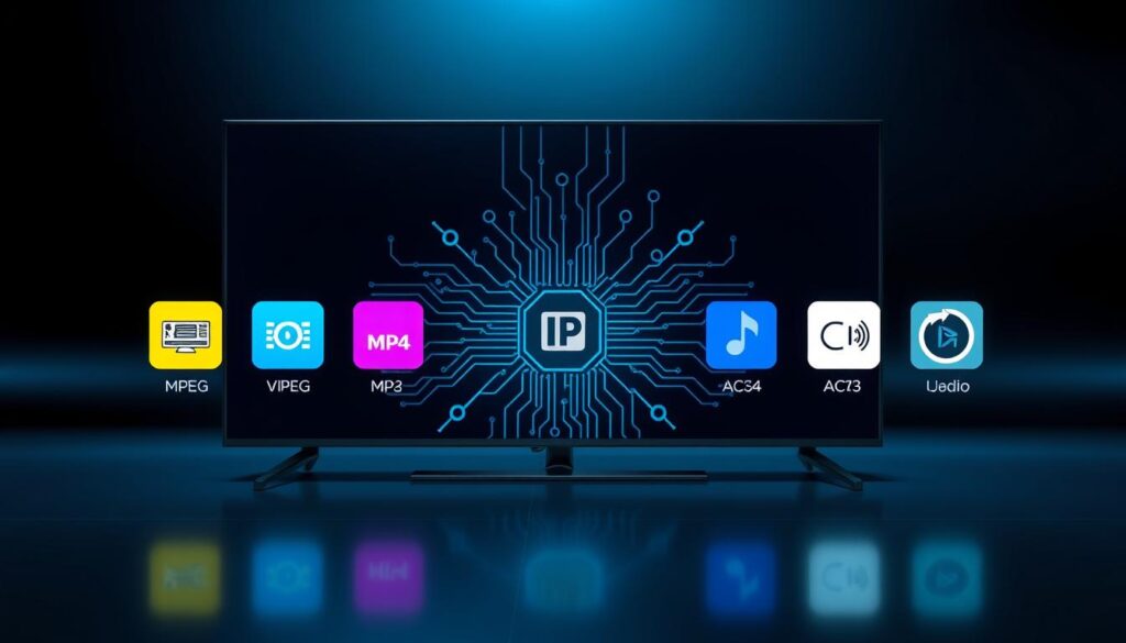 A sleek, modern digital display showcasing various supported formats for the Smart IPTV application, arranged in an aesthetically pleasing layout. The foreground features vibrant icons representing video and audio formats like MPEG, MP4, and AC3, with clear, distinct color coding. In the middle, intricate circuit patterns and connections symbolize technical compatibility and connectivity. The background is a soft gradient of deep blue and black, suggesting a high-tech atmosphere. Soft lighting highlights the icons, creating a futuristic ambiance, with reflections that enhance the depth of the image. Capture the essence of advanced technology and user-friendly design, emphasizing innovation and accessibility in smart television solutions. A sleek, modern digital display showcasing various supported formats for the Smart IPTV application, arranged in an aesthetically pleasing layout. The foreground features vibrant icons representing video and audio formats like MPEG, MP4, and AC3, with clear, distinct color coding. In the middle, intricate circuit patterns and connections symbolize technical compatibility and connectivity. The background is a soft gradient of deep blue and black, suggesting a high-tech atmosphere. Soft lighting highlights the icons, creating a futuristic ambiance, with reflections that enhance the depth of the image. Capture the essence of advanced technology and user-friendly design, emphasizing innovation and accessibility in smart television solutions.