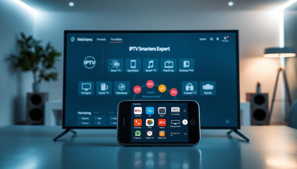 A sleek, modern digital interface showcasing the "IPTV Smarters Expert" platform. In the foreground, a high-resolution screenshot of the user interface displaying various versions available, with highlighted compatibility options for different devices like smart TVs, tablets, and smartphones. The middle layer features a smartphone with the app open, surrounded by icons representing popular devices. In the background, a softly lit room with a sleek desk and ambient lighting, evoking a tech-savvy atmosphere. The mood is professional and informative, with a focus on clarity and accessibility. Use a shallow depth of field to bring attention to the interface while softly blurring the background for a clean and engaging look. A sleek, modern digital interface showcasing the "IPTV Smarters Expert" platform. In the foreground, a high-resolution screenshot of the user interface displaying various versions available, with highlighted compatibility options for different devices like smart TVs, tablets, and smartphones. The middle layer features a smartphone with the app open, surrounded by icons representing popular devices. In the background, a softly lit room with a sleek desk and ambient lighting, evoking a tech-savvy atmosphere. The mood is professional and informative, with a focus on clarity and accessibility. Use a shallow depth of field to bring attention to the interface while softly blurring the background for a clean and engaging look.