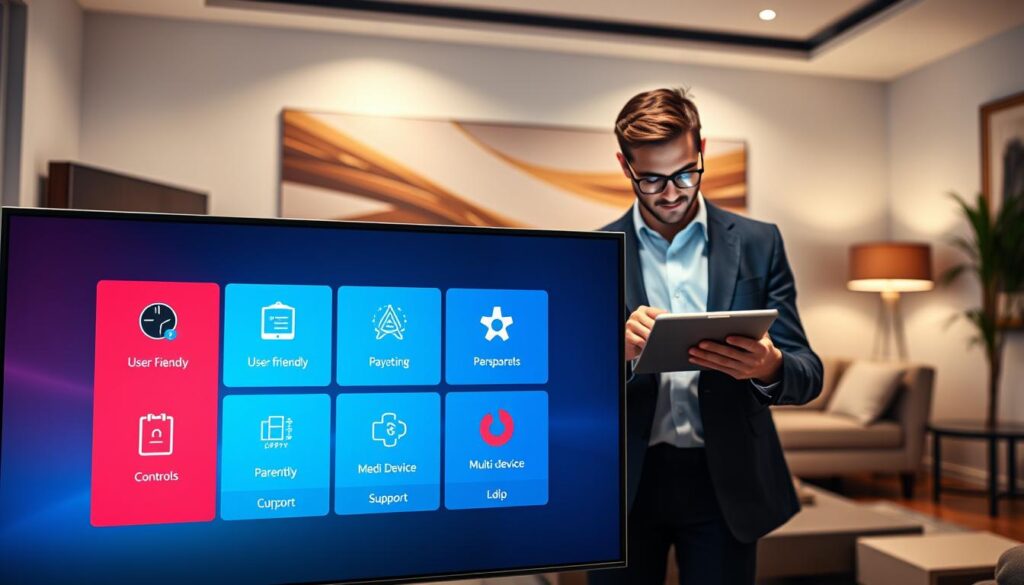 A sleek, modern digital interface showcasing the main features of IPTV Smarters Expert. In the foreground, a large, vivid screen displays vibrant icons representing key functionalities such as user-friendly navigation, parental controls, and multi-device support. The middle ground features a stylish user interacting with the interface on a tablet, dressed in professional attire, exhibiting focus and engagement. The background presents a stylish living room setting with soft lighting, creating a cozy atmosphere, emphasizing home entertainment. Subtle highlights and reflections on the screen enhance the sense of advanced technology. The overall mood is modern, informative, and inviting, perfect for illustrating the premium options available in IPTV Smarters Expert. A sleek, modern digital interface showcasing the main features of IPTV Smarters Expert. In the foreground, a large, vivid screen displays vibrant icons representing key functionalities such as user-friendly navigation, parental controls, and multi-device support. The middle ground features a stylish user interacting with the interface on a tablet, dressed in professional attire, exhibiting focus and engagement. The background presents a stylish living room setting with soft lighting, creating a cozy atmosphere, emphasizing home entertainment. Subtle highlights and reflections on the screen enhance the sense of advanced technology. The overall mood is modern, informative, and inviting, perfect for illustrating the premium options available in IPTV Smarters Expert.