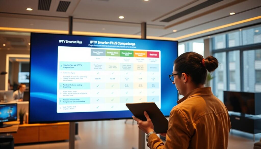 A sleek, modern digital workspace showcasing a large screen displaying a comparison of IPTV applications, including IPTV Smarters Plus and other similar apps. In the foreground, a professional individual in smart casual attire examines the screen, taking notes on a tablet. The middle layer features a visually appealing graphical comparison chart highlighting key features, performance metrics, and user interfaces of the apps. The background includes a stylish office setting with soft, ambient lighting and a contemporary design, creating an intellectual and focused atmosphere. Use a wide-angle lens effect to capture the entire scene, ensuring warm tones that instill a sense of technology and professionalism. The image should inspire curiosity and convey a sense of informed decision-making. A sleek, modern digital workspace showcasing a large screen displaying a comparison of IPTV applications, including IPTV Smarters Plus and other similar apps. In the foreground, a professional individual in smart casual attire examines the screen, taking notes on a tablet. The middle layer features a visually appealing graphical comparison chart highlighting key features, performance metrics, and user interfaces of the apps. The background includes a stylish office setting with soft, ambient lighting and a contemporary design, creating an intellectual and focused atmosphere. Use a wide-angle lens effect to capture the entire scene, ensuring warm tones that instill a sense of technology and professionalism. The image should inspire curiosity and convey a sense of informed decision-making.