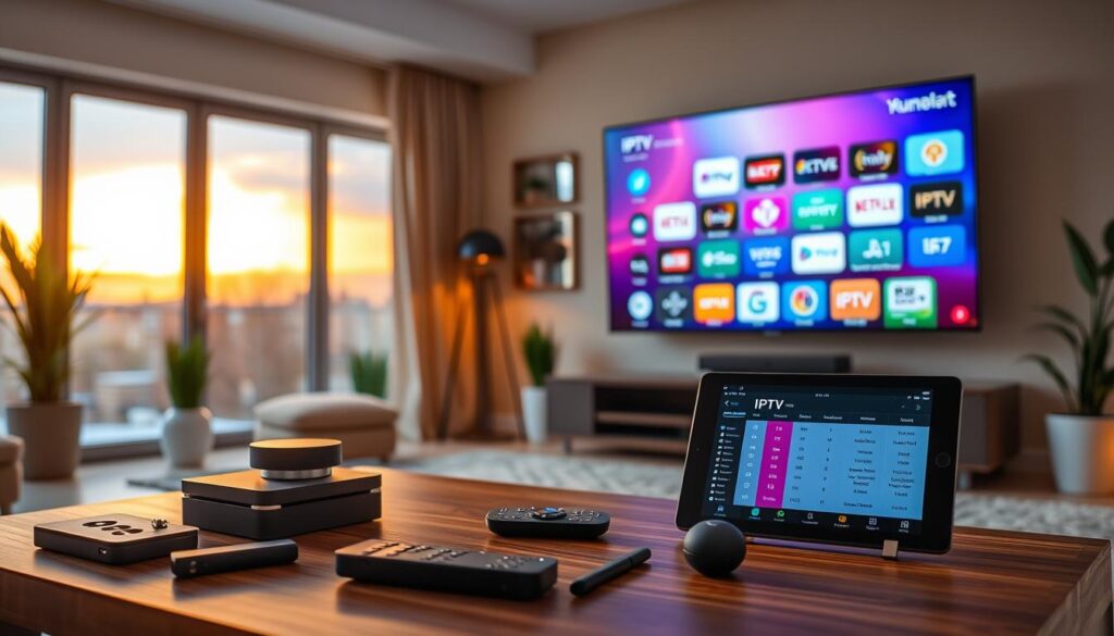 A sleek, modern home entertainment setup featuring a large flat-screen TV displaying various IPTV app icons in vibrant colors. In the foreground, a stylish coffee table stacked with tech gadgets, remote controls, and a tablet showing an IPTV comparison chart. The middle ground includes a cozy living room with a plush sofa and decorative plants, suggesting a comfortable viewing environment. The background is softly lit with warm ambient lighting, casting a relaxed atmosphere. A large window reveals a sunset outside, enhancing the scene's tranquility. The overall mood is inviting and tech-savvy, emphasizing the importance of choosing the right IPTV application for personal needs. The image should be bright, well-composed, and visually engaging. A sleek, modern home entertainment setup featuring a large flat-screen TV displaying various IPTV app icons in vibrant colors. In the foreground, a stylish coffee table stacked with tech gadgets, remote controls, and a tablet showing an IPTV comparison chart. The middle ground includes a cozy living room with a plush sofa and decorative plants, suggesting a comfortable viewing environment. The background is softly lit with warm ambient lighting, casting a relaxed atmosphere. A large window reveals a sunset outside, enhancing the scene's tranquility. The overall mood is inviting and tech-savvy, emphasizing the importance of choosing the right IPTV application for personal needs. The image should be bright, well-composed, and visually engaging.