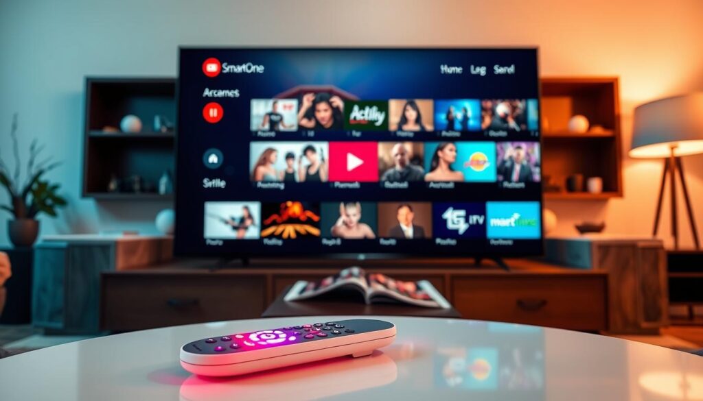 A sleek, modern interface of SmartOne IPTV displayed on a large flat-screen TV in a contemporary living room setting. The foreground features a glowing remote control with vibrant buttons, on a stylish coffee table clutter-free except for a tech magazine. In the middle, the TV screen shows a user-friendly SmartOne IPTV interface with vivid thumbnails representing various channels and features, all designed in a harmonious color scheme emphasizing ease of navigation. The background features soft lighting that creates a cozy atmosphere, with a comfortable sofa and minimalist decor. Warm, inviting tones suggest a relaxing viewing experience, while the overall composition communicates technological sophistication and user-friendliness, capturing the essence of SmartOne IPTV's key features.