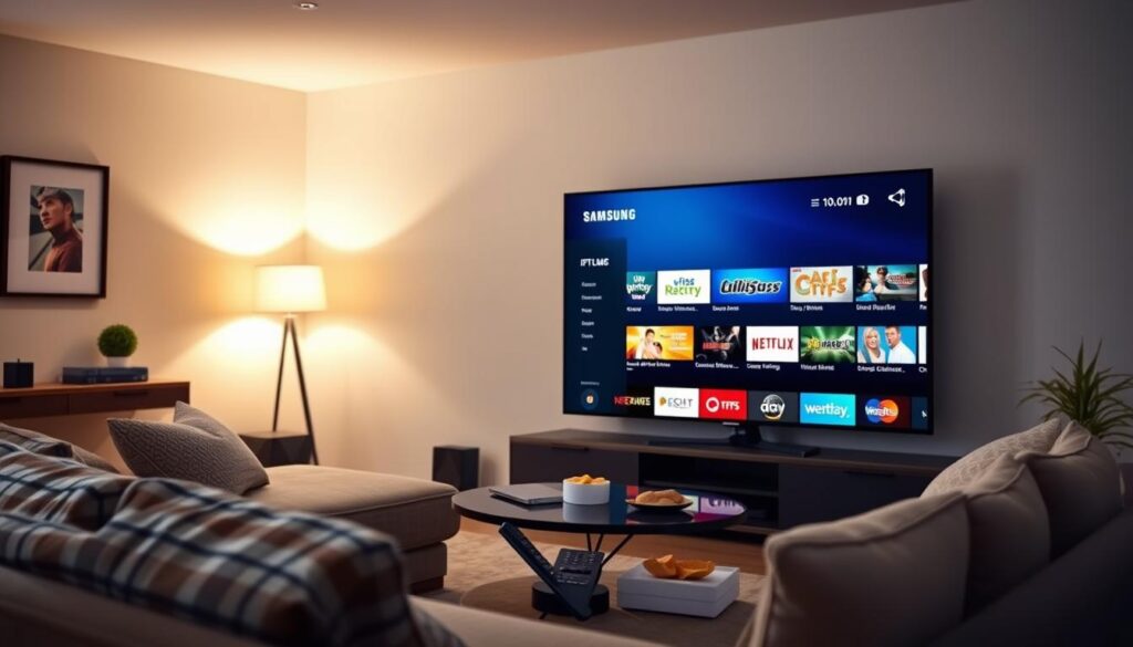 A sleek, modern living room featuring a Samsung Smart TV displaying the OTT Player interface with a vibrant, interactive menu showcasing various IPTV channels. In the foreground, a cozy sofa with soft cushions invites viewers to relax, with a stylish coffee table holding a remote control and some snacks. The walls have a minimalistic design, adorned with subtle artwork, creating a calm atmosphere. The lighting is warm and inviting, casting a soft glow throughout the room, emphasizing the high-tech feel of the TV. The angle captures the TV screen directly, highlighting the user-friendly design of the OTT Player, suggesting a smooth and customizable viewing experience. The mood is comforting and engaging, perfect for a family entertainment space. A sleek, modern living room featuring a Samsung Smart TV displaying the OTT Player interface with a vibrant, interactive menu showcasing various IPTV channels. In the foreground, a cozy sofa with soft cushions invites viewers to relax, with a stylish coffee table holding a remote control and some snacks. The walls have a minimalistic design, adorned with subtle artwork, creating a calm atmosphere. The lighting is warm and inviting, casting a soft glow throughout the room, emphasizing the high-tech feel of the TV. The angle captures the TV screen directly, highlighting the user-friendly design of the OTT Player, suggesting a smooth and customizable viewing experience. The mood is comforting and engaging, perfect for a family entertainment space.