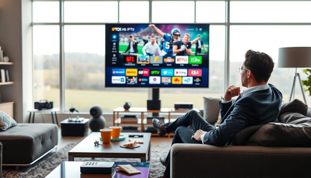 A sleek, modern living room featuring a high-definition television displaying a vivid IPTV streaming interface. In the foreground, a well-dressed individual in business casual attire sits comfortably on a stylish sofa, attentively viewing the screen. Soft, natural lighting fills the room, creating an inviting atmosphere. A coffee table is adorned with remote controls and snacks, adding to the relaxed vibe. The middle ground showcases a bookshelf with tech gadgets, symbolizing innovation. In the background, large windows reveal a serene outdoor view, enhancing the mood of modernity and comfort. The overall image conveys optimal streaming quality and technological performance, emphasizing the user experience with IPTV Nox Pro in France.