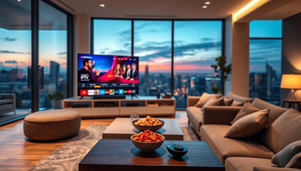 A sleek, modern living room featuring a high-definition television displaying vibrant streaming content in 4K resolution, showcasing an IPTV service interface. The foreground includes a stylish coffee table with a remote control and a bowl of snacks, enhancing a cozy viewing atmosphere. In the middle ground, a comfortable sofa with plush cushions invites relaxation, while a neatly organized entertainment center holds streaming devices. The background is softly illuminated with warm lighting, casting a welcoming glow, and large windows reveal a beautiful cityscape at dusk. The scene conveys a mood of premium quality and reliability, perfect for enjoying smooth, uninterrupted streaming. Use a wide-angle lens to capture the entire setting, focusing on the vivid colors and ambiance of the room. A sleek, modern living room featuring a high-definition television displaying vibrant streaming content in 4K resolution, showcasing an IPTV service interface. The foreground includes a stylish coffee table with a remote control and a bowl of snacks, enhancing a cozy viewing atmosphere. In the middle ground, a comfortable sofa with plush cushions invites relaxation, while a neatly organized entertainment center holds streaming devices. The background is softly illuminated with warm lighting, casting a welcoming glow, and large windows reveal a beautiful cityscape at dusk. The scene conveys a mood of premium quality and reliability, perfect for enjoying smooth, uninterrupted streaming. Use a wide-angle lens to capture the entire setting, focusing on the vivid colors and ambiance of the room.