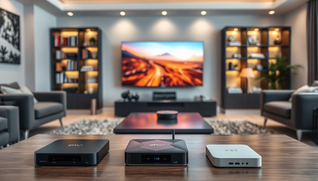 A sleek, modern living room featuring a high-end IPTV box as the focal point. In the foreground, a stylish coffee table showcases different IPTV boxes with visible specifications, such as resolution and storage capacity. In the middle, a contemporary television displays vibrant streaming content, casting a warm glow. The background features soft ambient lighting, creating a cozy atmosphere, with bookshelves and decorative items that indicate a tech-savvy home. The scene should evoke a sense of comfort and sophistication, emphasizing the importance of choosing the right IPTV box. The image should be captured from a slightly elevated angle to give a comprehensive view, with a soft focus on details, ensuring clarity and visual appeal. A sleek, modern living room featuring a high-end IPTV box as the focal point. In the foreground, a stylish coffee table showcases different IPTV boxes with visible specifications, such as resolution and storage capacity. In the middle, a contemporary television displays vibrant streaming content, casting a warm glow. The background features soft ambient lighting, creating a cozy atmosphere, with bookshelves and decorative items that indicate a tech-savvy home. The scene should evoke a sense of comfort and sophistication, emphasizing the importance of choosing the right IPTV box. The image should be captured from a slightly elevated angle to give a comprehensive view, with a soft focus on details, ensuring clarity and visual appeal.