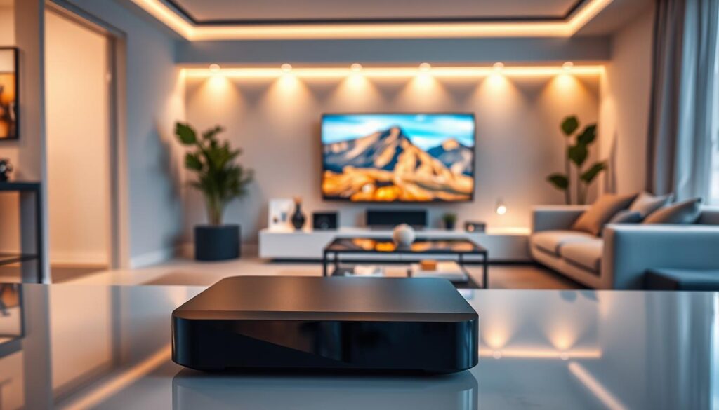 A sleek, modern living room featuring a high-tech 4K IPTV box on a minimalist entertainment unit. In the foreground, the IPTV box has an elegant, glossy finish and subtle LED indicators, hinting at its advanced features. The middle ground showcases a large flat-screen TV displaying vibrant 4K images, surrounded by stylish decor elements like a cozy sofa and plants. The background is softly lit with warm ambient lighting to create a welcoming atmosphere, embodying a contemporary home setup. A subtle reflection on the glass coffee table adds depth. The scene captures an atmosphere of sophistication and tech-savviness, inviting viewers to explore the ideal IPTV choice. A sleek, modern living room featuring a high-tech 4K IPTV box on a minimalist entertainment unit. In the foreground, the IPTV box has an elegant, glossy finish and subtle LED indicators, hinting at its advanced features. The middle ground showcases a large flat-screen TV displaying vibrant 4K images, surrounded by stylish decor elements like a cozy sofa and plants. The background is softly lit with warm ambient lighting to create a welcoming atmosphere, embodying a contemporary home setup. A subtle reflection on the glass coffee table adds depth. The scene captures an atmosphere of sophistication and tech-savviness, inviting viewers to explore the ideal IPTV choice.