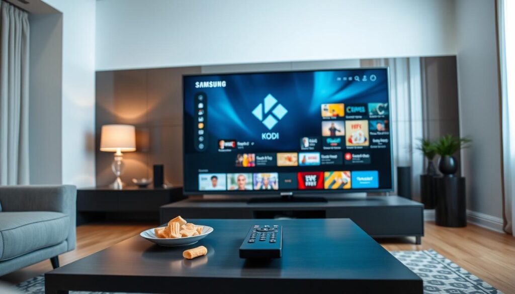 A sleek, modern living room featuring a large Samsung television displaying the KODI interface. In the foreground, a stylish coffee table with a remote control and a few snacks, emphasizing a cozy atmosphere. The middle ground highlights the Samsung TV, where vibrant thumbnails of various IPTV channels can be seen, with a user navigating effortlessly through the interface. The background showcases a tastefully decorated room with soft lighting, creating a warm and inviting ambiance. The lens captures the scene at a slight angle, providing depth and focus on the television. The overall mood conveys a sense of advanced technology and user convenience, suitable for discerning IPTV users. A sleek, modern living room featuring a large Samsung television displaying the KODI interface. In the foreground, a stylish coffee table with a remote control and a few snacks, emphasizing a cozy atmosphere. The middle ground highlights the Samsung TV, where vibrant thumbnails of various IPTV channels can be seen, with a user navigating effortlessly through the interface. The background showcases a tastefully decorated room with soft lighting, creating a warm and inviting ambiance. The lens captures the scene at a slight angle, providing depth and focus on the television. The overall mood conveys a sense of advanced technology and user convenience, suitable for discerning IPTV users.