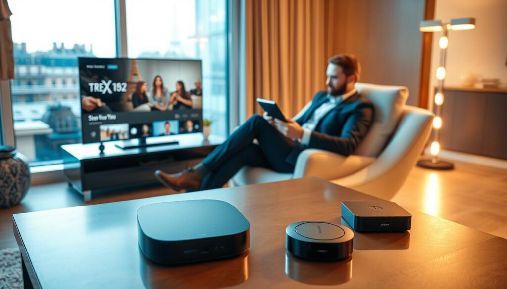 A sleek modern living room featuring an array of devices compatible with TREX IPTV, such as a smart TV, tablet, and streaming device, creatively arranged on a stylish coffee table. In the foreground, a user is comfortably seated in a cozy chair, dressed in professional business attire, attentively exploring streaming options on the tablet. The warm lighting creates a welcoming atmosphere, highlighting the advanced technology and seamless integration of devices. In the background, a large window reveals a Parisian skyline, subtly reinforcing the French context. The lens used captures a slightly elevated angle, emphasizing both the technology and the user experience, creating a vibrant and engaging scene that illustrates the compatibility of TREX IPTV with various devices. A sleek modern living room featuring an array of devices compatible with TREX IPTV, such as a smart TV, tablet, and streaming device, creatively arranged on a stylish coffee table. In the foreground, a user is comfortably seated in a cozy chair, dressed in professional business attire, attentively exploring streaming options on the tablet. The warm lighting creates a welcoming atmosphere, highlighting the advanced technology and seamless integration of devices. In the background, a large window reveals a Parisian skyline, subtly reinforcing the French context. The lens used captures a slightly elevated angle, emphasizing both the technology and the user experience, creating a vibrant and engaging scene that illustrates the compatibility of TREX IPTV with various devices.