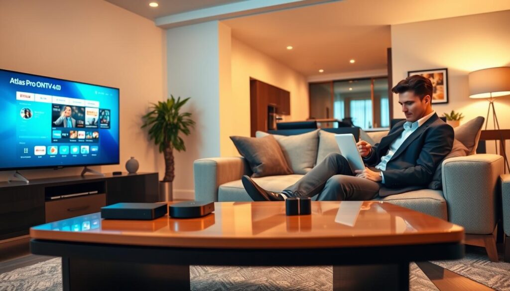 A sleek, modern living room setting featuring a stylish television displaying the Atlas Pro ONTV 4.0 interface on screen. In the foreground, an elegant coffee table holds various devices compatible with the service, such as a Smart TV, tablet, and streaming device. The middle area reveals a plush sofa with a tech-savvy individual sitting comfortably, dressed in smart casual attire, engaged in exploring the app on a tablet. The background showcases a well-lit space with soft, warm lighting, emphasizing a cozy yet high-tech atmosphere. Use a wide-angle perspective to capture the entire scene, creating a sense of immersion while maintaining focus on the devices and the Atlas Pro ONTV interface. A sleek, modern living room setting featuring a stylish television displaying the Atlas Pro ONTV 4.0 interface on screen. In the foreground, an elegant coffee table holds various devices compatible with the service, such as a Smart TV, tablet, and streaming device. The middle area reveals a plush sofa with a tech-savvy individual sitting comfortably, dressed in smart casual attire, engaged in exploring the app on a tablet. The background showcases a well-lit space with soft, warm lighting, emphasizing a cozy yet high-tech atmosphere. Use a wide-angle perspective to capture the entire scene, creating a sense of immersion while maintaining focus on the devices and the Atlas Pro ONTV interface.