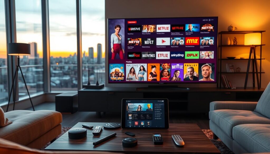 A sleek, modern living room setting showcasing a large flat-screen television prominently displaying a vibrant array of streaming channels and content from a diverse IPTV service. In the foreground, a stylish coffee table is scattered with various remotes and a tablet displaying the interface of the subscription service. A plush couch with neutral tones invites viewers to relax, while a warm, ambient light from a stylish lamp creates a cozy atmosphere. The middle ground features shelves lined with decorative items, hinting at a personalized touch, and in the background, large windows offer a view of a cityscape at sunset, casting a soft glow on the scene. The mood is inviting and tech-savvy, reflecting a sense of choice and accessibility in entertainment. A sleek, modern living room setting showcasing a large flat-screen television prominently displaying a vibrant array of streaming channels and content from a diverse IPTV service. In the foreground, a stylish coffee table is scattered with various remotes and a tablet displaying the interface of the subscription service. A plush couch with neutral tones invites viewers to relax, while a warm, ambient light from a stylish lamp creates a cozy atmosphere. The middle ground features shelves lined with decorative items, hinting at a personalized touch, and in the background, large windows offer a view of a cityscape at sunset, casting a soft glow on the scene. The mood is inviting and tech-savvy, reflecting a sense of choice and accessibility in entertainment.