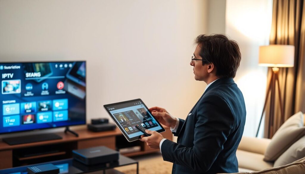 A sleek, modern living room setting showcasing a well-organized media station featuring a high-definition television displaying an IPTV interface. In the foreground, a focused individual in professional attire examines a tablet with IPTV subscription options, reflecting meticulous analysis. The middle ground includes various electronic devices like a streaming box and remote, emphasizing technology. The background features soft, ambient lighting from a stylish lamp, creating a warm yet analytical atmosphere. The scene conveys seriousness and professionalism, ideal for illustrating rigorous testing methods. The overall mood is focused and informative, capturing the essence of reliability and legality in IPTV subscriptions in France. A sleek, modern living room setting showcasing a well-organized media station featuring a high-definition television displaying an IPTV interface. In the foreground, a focused individual in professional attire examines a tablet with IPTV subscription options, reflecting meticulous analysis. The middle ground includes various electronic devices like a streaming box and remote, emphasizing technology. The background features soft, ambient lighting from a stylish lamp, creating a warm yet analytical atmosphere. The scene conveys seriousness and professionalism, ideal for illustrating rigorous testing methods. The overall mood is focused and informative, capturing the essence of reliability and legality in IPTV subscriptions in France.