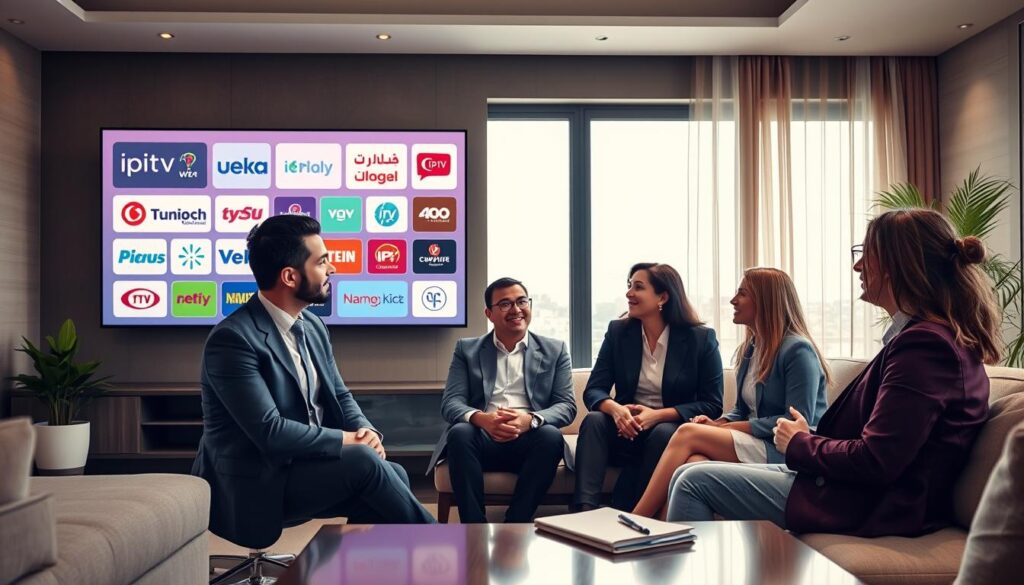 A sleek, modern living room setting that conveys comfort and technology, featuring a large flat-screen TV displaying various popular IPTV service logos. In the foreground, a diverse group of three individuals, dressed in professional business attire, is engaged in a discussion, offering positive feedback about their experiences with Tunisian IPTV services. A notebook and pen lie on a coffee table, suggesting they are taking notes. Soft, ambient lighting creates a warm atmosphere, with a large window in the background allowing natural light to flood the room. A few decorative plants add a touch of greenery, further enhancing the inviting mood. The overall composition captures a sense of reliability and community feedback on IPTV services. A sleek, modern living room setting that conveys comfort and technology, featuring a large flat-screen TV displaying various popular IPTV service logos. In the foreground, a diverse group of three individuals, dressed in professional business attire, is engaged in a discussion, offering positive feedback about their experiences with Tunisian IPTV services. A notebook and pen lie on a coffee table, suggesting they are taking notes. Soft, ambient lighting creates a warm atmosphere, with a large window in the background allowing natural light to flood the room. A few decorative plants add a touch of greenery, further enhancing the inviting mood. The overall composition captures a sense of reliability and community feedback on IPTV services.