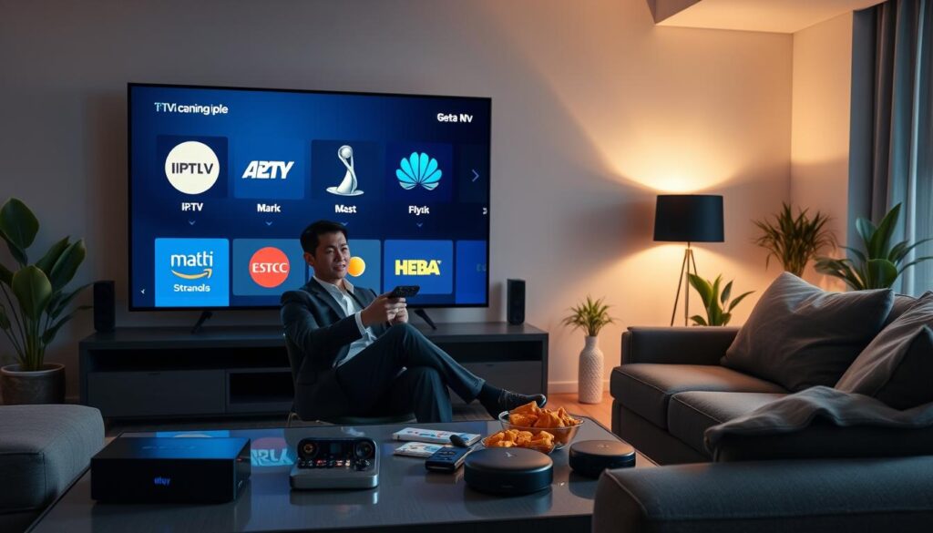 A sleek, modern living room setting with a large flat-screen TV displaying various IPTV app logos, glowing softly in the dim light. In the foreground, a professional person in smart casual clothing sits comfortably on a plush sofa, holding a remote control, showcasing engagement with the TV. On a coffee table, there are popular streaming devices and snacks, inviting a cozy atmosphere. The background features stylish decor, soft ambient lighting creating a warm mood, and potted plants adding a touch of vibrancy. The scene captures the essence of a contemporary home entertainment experience, emphasizing the comfort and convenience of the best IPTV applications available in France in 2024.