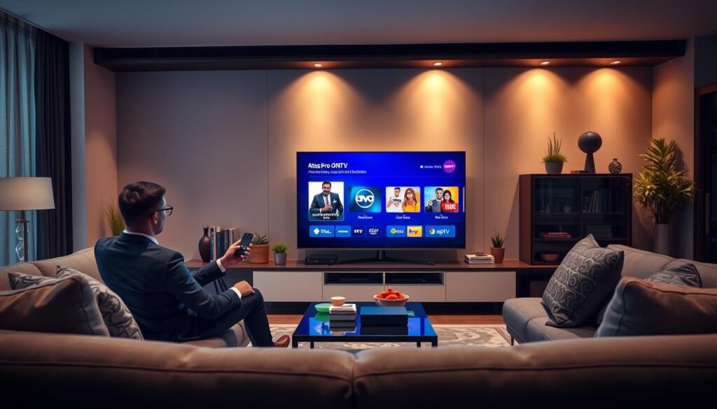 A sleek modern living room showcases a large flat-screen TV displaying the 'Atlas Pro ONTV' interface. In the foreground, a professional-looking individual in business attire sits comfortably on a stylish sofa, holding a remote control, engaged with the IPTV service. The middle ground features a small coffee table with a streaming device and snacks, creating an inviting atmosphere. In the background, soft ambient lighting casts a warm glow, highlighting decorative elements like potted plants and bookshelves. The overall mood is relaxed and sophisticated, emphasizing the premium feel of the IPTV experience. The scene is captured with a wide-angle lens to encompass the entirety of the room, focusing on clarity and detail, without any text or branding present. A sleek modern living room showcases a large flat-screen TV displaying the 'Atlas Pro ONTV' interface. In the foreground, a professional-looking individual in business attire sits comfortably on a stylish sofa, holding a remote control, engaged with the IPTV service. The middle ground features a small coffee table with a streaming device and snacks, creating an inviting atmosphere. In the background, soft ambient lighting casts a warm glow, highlighting decorative elements like potted plants and bookshelves. The overall mood is relaxed and sophisticated, emphasizing the premium feel of the IPTV experience. The scene is captured with a wide-angle lens to encompass the entirety of the room, focusing on clarity and detail, without any text or branding present.