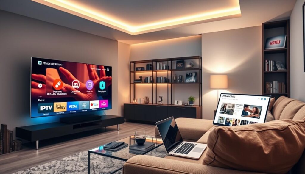 A sleek modern living room showcasing a high-end IPTV setup. In the foreground, a stylish flat-screen TV displays vibrant IPTV channel interface, with various icon options indicating premium subscriptions. A comfortable sofa is adorned with plush cushions, and there are chic decor items on a glass coffee table, including a remote control and a laptop open on a site with IPTV offers. In the middle, soft warm lighting casts a welcoming glow, while a stylish rug complements the scene. The background features a contemporary bookshelf with tech magazines and DVDs. The atmosphere is inviting and sophisticated, perfect for illustrating premium IPTV subscription services in France. Use a dynamic angle to capture the depth of the room while maintaining focus on the IPTV setup. A sleek modern living room showcasing a high-end IPTV setup. In the foreground, a stylish flat-screen TV displays vibrant IPTV channel interface, with various icon options indicating premium subscriptions. A comfortable sofa is adorned with plush cushions, and there are chic decor items on a glass coffee table, including a remote control and a laptop open on a site with IPTV offers. In the middle, soft warm lighting casts a welcoming glow, while a stylish rug complements the scene. The background features a contemporary bookshelf with tech magazines and DVDs. The atmosphere is inviting and sophisticated, perfect for illustrating premium IPTV subscription services in France. Use a dynamic angle to capture the depth of the room while maintaining focus on the IPTV setup.