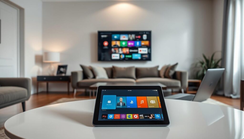 A sleek, modern living room showcasing a variety of devices compatible with IPTV, such as smart TVs, tablets, and laptops. Foreground features a stylish coffee table with a tablet displaying a vibrant IPTV interface. In the middle, a large smart TV mounted on the wall shows various streaming app icons. Background reveals a cozy sofa with subtle, diffused lighting from a nearby window, creating a warm atmosphere. Use a wide-angle lens to capture the entire scene, ensuring a sense of comfort and technology integration. The overall mood should feel inviting and modern, emphasizing usability and compatibility across devices in a contemporary home setting. A sleek, modern living room showcasing a variety of devices compatible with IPTV, such as smart TVs, tablets, and laptops. Foreground features a stylish coffee table with a tablet displaying a vibrant IPTV interface. In the middle, a large smart TV mounted on the wall shows various streaming app icons. Background reveals a cozy sofa with subtle, diffused lighting from a nearby window, creating a warm atmosphere. Use a wide-angle lens to capture the entire scene, ensuring a sense of comfort and technology integration. The overall mood should feel inviting and modern, emphasizing usability and compatibility across devices in a contemporary home setting.