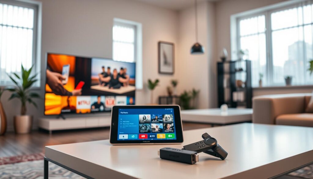 A sleek modern living room showcasing various devices compatible with IPTV subscriptions, including a Smart TV, Android tablet, and Amazon Firestick. The foreground features the Smart TV glowing with vibrant colors, displaying a lifestyle image of diverse streaming options. In the middle ground, the Android tablet lies on a stylish coffee table, showing a streaming app interface. Soft natural light filters through large windows, creating a warm atmosphere. The background hints at a cozy setup with subtle home decor elements like plants and bookshelves. The overall mood is inviting and tech-savvy, emphasizing convenience and seamless compatibility across devices, making it ideal for showcasing a premium IPTV subscription. A sleek modern living room showcasing various devices compatible with IPTV subscriptions, including a Smart TV, Android tablet, and Amazon Firestick. The foreground features the Smart TV glowing with vibrant colors, displaying a lifestyle image of diverse streaming options. In the middle ground, the Android tablet lies on a stylish coffee table, showing a streaming app interface. Soft natural light filters through large windows, creating a warm atmosphere. The background hints at a cozy setup with subtle home decor elements like plants and bookshelves. The overall mood is inviting and tech-savvy, emphasizing convenience and seamless compatibility across devices, making it ideal for showcasing a premium IPTV subscription.