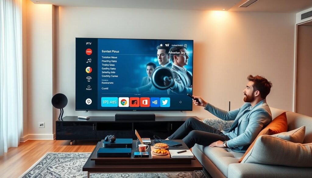 A sleek, modern living room with a large flat-screen TV prominently displaying an IPTV interface, showcasing advanced features like interactive menus and a user-friendly layout. In the foreground, a user, dressed in smart casual attire, sits comfortably on a stylish sofa, enthusiastically navigating through the IPTV options using a remote control. The middle ground features a coffee table adorned with an array of gadgets and snacks, illustrating an inviting entertainment setup. The background is softly lit, enhancing a cozy atmosphere with warm, ambient lighting. Utilize a wide-angle lens to capture the entirety of the scene, emphasizing the seamless integration of technology into everyday life, evoking a sense of innovation and user satisfaction.
