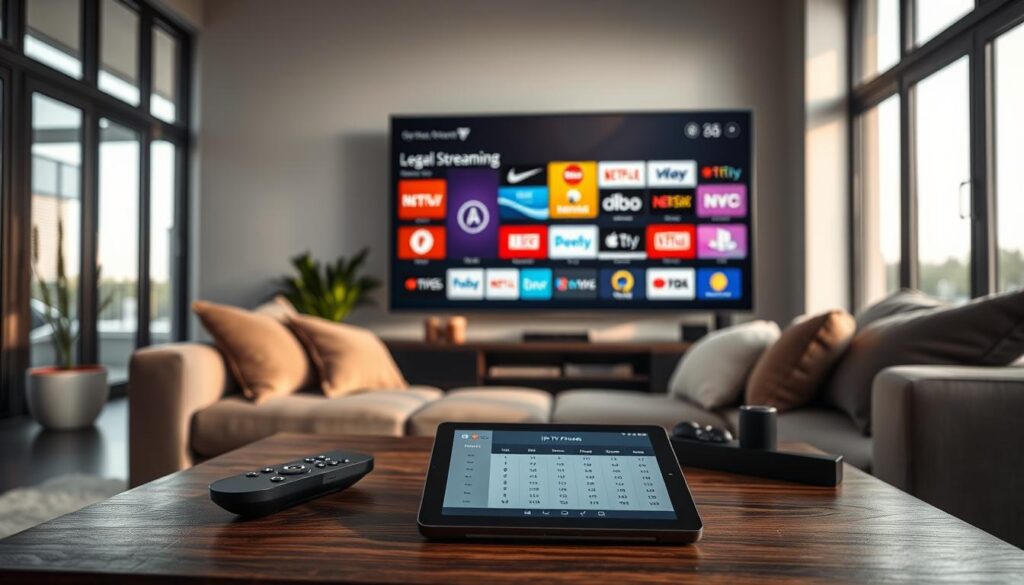 A sleek, modern living room with a large smart TV displaying various legal streaming services as vibrant icons. In the foreground, a stylish coffee table features a remote control and a tablet showing a comparison chart of IPTV providers in France. A cozy couch is adorned with plush cushions, inviting viewers into the scene. Large windows in the background let in soft, natural light, creating a warm and inviting atmosphere. A potted plant adds a touch of greenery to the space. The angle captures the setup from a slightly elevated perspective, emphasizing the technology while conveying a sense of comfort and reliability. The mood is relaxed and informative, reflecting the idea of discovering alternative legal entertainment options. A sleek, modern living room with a large smart TV displaying various legal streaming services as vibrant icons. In the foreground, a stylish coffee table features a remote control and a tablet showing a comparison chart of IPTV providers in France. A cozy couch is adorned with plush cushions, inviting viewers into the scene. Large windows in the background let in soft, natural light, creating a warm and inviting atmosphere. A potted plant adds a touch of greenery to the space. The angle captures the setup from a slightly elevated perspective, emphasizing the technology while conveying a sense of comfort and reliability. The mood is relaxed and informative, reflecting the idea of discovering alternative legal entertainment options.