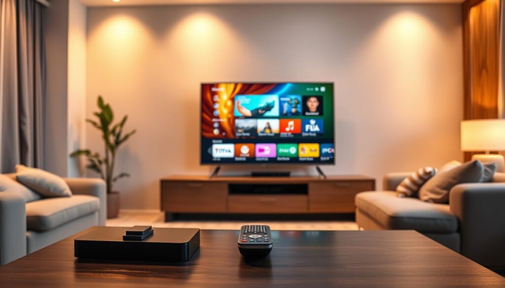 A sleek, modern smart TV prominently displaying the user interface of IBO Player PRO on an inviting living room wall. In the foreground, a stylish, contemporary coffee table with a remote control and an IPTV guide. The middle of the scene features the TV with vibrant streaming content, showcasing dynamic visuals and a user-friendly menu design. The background shows cozy furnishings, softly lit ambient lighting, and warm wood accents that create a welcoming atmosphere. The image should convey a sense of reliability and sophistication, emphasizing the innovative caching technology of the app. The scene must be warmly illuminated, creating a relaxing mood, suitable for a technology-focused article. A sleek, modern smart TV prominently displaying the user interface of IBO Player PRO on an inviting living room wall. In the foreground, a stylish, contemporary coffee table with a remote control and an IPTV guide. The middle of the scene features the TV with vibrant streaming content, showcasing dynamic visuals and a user-friendly menu design. The background shows cozy furnishings, softly lit ambient lighting, and warm wood accents that create a welcoming atmosphere. The image should convey a sense of reliability and sophistication, emphasizing the innovative caching technology of the app. The scene must be warmly illuminated, creating a relaxing mood, suitable for a technology-focused article.