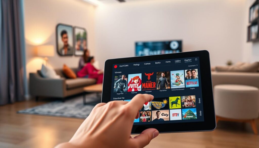A sleek modern tablet displaying the IPTV Smarters Pro application interface, showcasing vibrant streaming channels. The foreground features the tablet, with a hand gently tapping on the screen to navigate the app. In the middle ground, there are blurred outlines of a cozy living room with a stylish sofa and a coffee table, emphasizing a relaxing TV viewing experience. The background reveals a warm, softly lit room with a large flat-screen TV, subtly reflecting a family enjoying content. Soft, ambient lighting creates a welcoming atmosphere, enhancing the idea of comfort and modern technology. The angle presents a dynamic view that invites the viewer into this engaging setting, highlighting both the app and its user-friendly interface.
