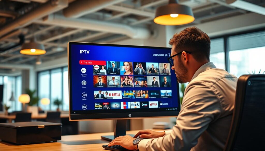 A sleek, modern workspace featuring a high-definition Windows computer displaying a vibrant IPTV application interface on the screen. In the foreground, a professional in business attire is intently using the computer, showcasing an engaging experience with multimedia content. The middle layer displays various digital icons and thumbnails of premium IPTV channels, subtly arranged around the monitor to emphasize the variety of content available. In the background, a well-lit, contemporary office environment adorned with stylish decor and a large window illuminating the space with warm, inviting light. Capture this scene from a slightly elevated angle to highlight both the user and the computer screen, conveying a sense of immersion and professionalism in the world of premium IPTV applications. The atmosphere is focused and productive, ideal for work or leisure.