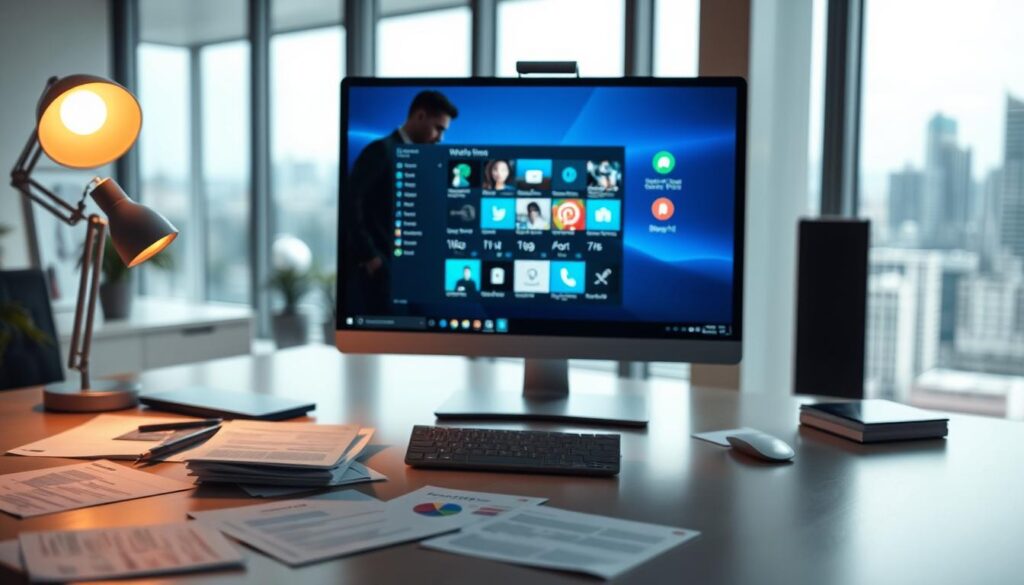 A sleek, modern workspace featuring a high-resolution computer screen displaying a captivating interface of Windows IPTV player software. In the foreground, a neatly organized desk with technical specifications and compatibility charts scattered around. A soft, ambient light emanates from a stylish desk lamp, casting gentle shadows to create a warm, inviting atmosphere. The middle ground includes a blurred image of a professional user in business attire, intently analyzing the features of the IPTV software. The background shows a window with a city skyline, emphasizing a tech-savvy urban environment. The overall composition should reflect an innovative and professional mood, showcasing the technical aspects of IPTV compatibility for Windows applications in 2026. A sleek, modern workspace featuring a high-resolution computer screen displaying a captivating interface of Windows IPTV player software. In the foreground, a neatly organized desk with technical specifications and compatibility charts scattered around. A soft, ambient light emanates from a stylish desk lamp, casting gentle shadows to create a warm, inviting atmosphere. The middle ground includes a blurred image of a professional user in business attire, intently analyzing the features of the IPTV software. The background shows a window with a city skyline, emphasizing a tech-savvy urban environment. The overall composition should reflect an innovative and professional mood, showcasing the technical aspects of IPTV compatibility for Windows applications in 2026.
