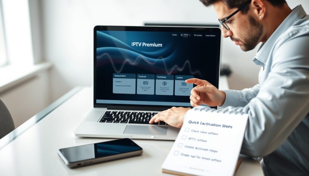 A sleek, modern workspace featuring a laptop displaying the IPTV Premium ordering process on its screen, with flowing graphs and subscriptions options visible. In the foreground, a professional individual, dressed in business attire, is engaging with the laptop, focused and interested. The middle layer shows a notepad and a smartphone with a checklist for quick activation steps. In the background, a stylish office environment with soft, ambient lighting creates a productive atmosphere, hinting at a sense of reliability and efficiency. The angle is slightly top-down, capturing a clear, organized workspace to emphasize the systematic nature of the IPTV ordering process. The overall mood is focused and determined, suggesting a seamless user experience. A sleek, modern workspace featuring a laptop displaying the IPTV Premium ordering process on its screen, with flowing graphs and subscriptions options visible. In the foreground, a professional individual, dressed in business attire, is engaging with the laptop, focused and interested. The middle layer shows a notepad and a smartphone with a checklist for quick activation steps. In the background, a stylish office environment with soft, ambient lighting creates a productive atmosphere, hinting at a sense of reliability and efficiency. The angle is slightly top-down, capturing a clear, organized workspace to emphasize the systematic nature of the IPTV ordering process. The overall mood is focused and determined, suggesting a seamless user experience.