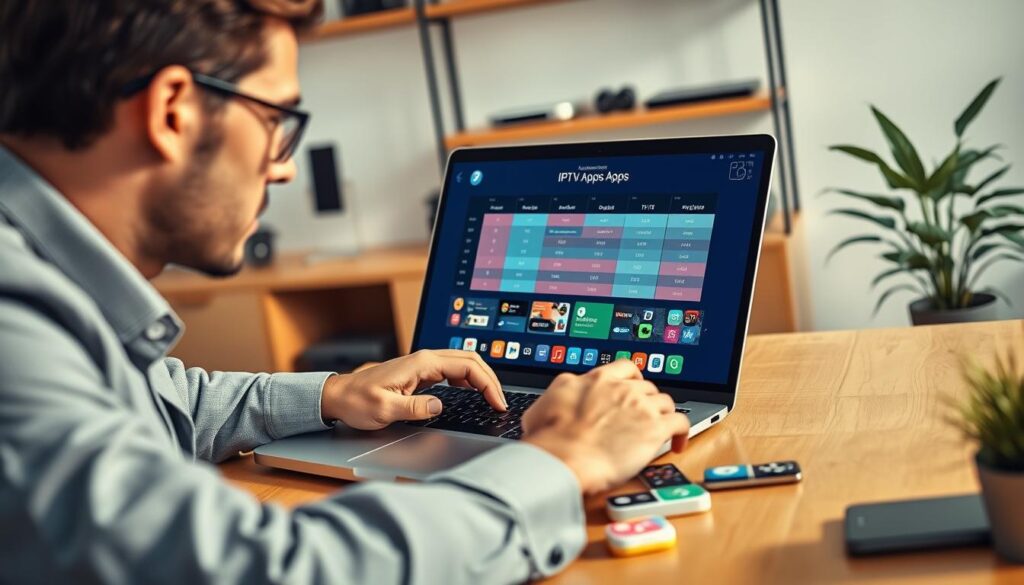 A sleek, modern workspace featuring a professional individual analyzing various IPTV apps on a laptop. In the foreground, focus on the person, dressed in smart casual attire, with a thoughtful expression while scrolling through a comparison chart displayed on the screen. The middle layer showcases colorful icons of various IPTV applications scattered around the laptop, emphasizing user interface designs. The background features a softly blurred shelf with tech gadgets and a potted plant to create a relaxed atmosphere. The lighting is bright but warm, casting gentle shadows to enhance the inviting feel. Capture this scene with a slight overhead angle to showcase both the individual and the digital comparison effectively. A sleek, modern workspace featuring a professional individual analyzing various IPTV apps on a laptop. In the foreground, focus on the person, dressed in smart casual attire, with a thoughtful expression while scrolling through a comparison chart displayed on the screen. The middle layer showcases colorful icons of various IPTV applications scattered around the laptop, emphasizing user interface designs. The background features a softly blurred shelf with tech gadgets and a potted plant to create a relaxed atmosphere. The lighting is bright but warm, casting gentle shadows to enhance the inviting feel. Capture this scene with a slight overhead angle to showcase both the individual and the digital comparison effectively.