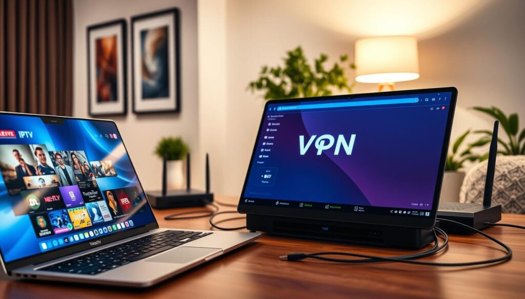 A sleek, modern workspace featuring a professional setup for IPTV and VPN usage. In the foreground, a laptop displays a sophisticated IPTV interface with vibrant streaming content, while a secure VPN application is open alongside. The middle ground features a stylish desk with high-tech gadgets, including a router and cables neatly arranged, symbolizing high-speed internet. The background is a softly lit room with hints of tech decor, like framed digital art and greenery, creating a cozy yet professional atmosphere. The lighting is warm and inviting, enhancing the focus on the tech elements. The mood is productive and innovative, highlighting the importance of VPN for secure IPTV usage.