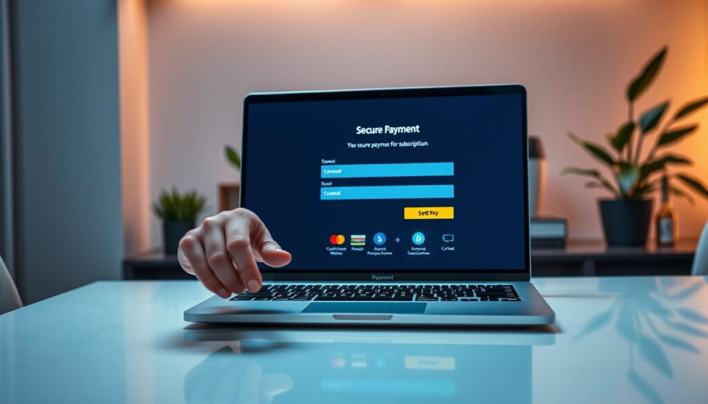 A sleek, modern workspace featuring a stylish laptop displaying a secure payment interface for IPTV subscriptions. In the foreground, a hand is poised to click a button, symbolizing quick activation. The middle ground includes payment method icons like credit cards, digital wallets, and cryptocurrencies, all elegantly arranged on a polished desk. The background is softly lit with warm tones, showcasing a minimalist decor with plants, creating a professional and inviting atmosphere. Soft shadows enhance the focus on the laptop, reflecting a sense of security and modernity. The image conveys a mood of reliability and ease, appealing to tech-savvy subscribers looking for safe payment options for their IPTV services. The perspective is at a slight angle, adding depth without distraction. A sleek, modern workspace featuring a stylish laptop displaying a secure payment interface for IPTV subscriptions. In the foreground, a hand is poised to click a button, symbolizing quick activation. The middle ground includes payment method icons like credit cards, digital wallets, and cryptocurrencies, all elegantly arranged on a polished desk. The background is softly lit with warm tones, showcasing a minimalist decor with plants, creating a professional and inviting atmosphere. Soft shadows enhance the focus on the laptop, reflecting a sense of security and modernity. The image conveys a mood of reliability and ease, appealing to tech-savvy subscribers looking for safe payment options for their IPTV services. The perspective is at a slight angle, adding depth without distraction.