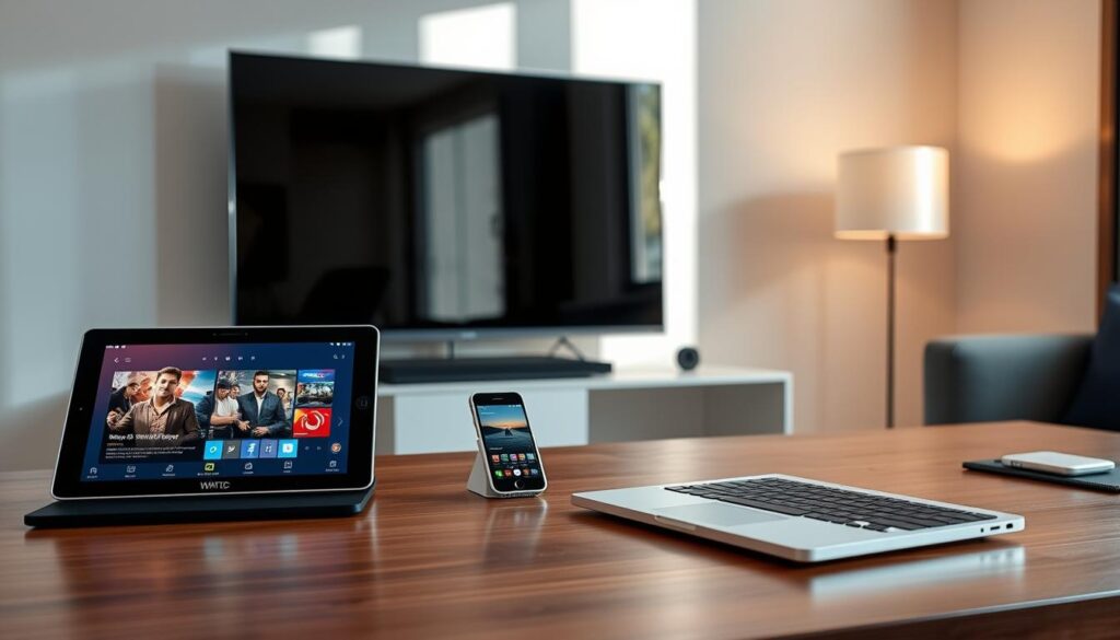 A sleek, modern workspace featuring a variety of electronic devices including a smart TV, tablet, and smartphone placed on a polished wooden desk. In the foreground, a stylish laptop displays a streaming application interface. In the middle, the devices have connections highlighted, illustrating compatibility with various operating systems such as Android, iOS, Windows, and Linux. The background showcases a softly lit room with neutral tones, where a subtle glow emanates from a window, casting gentle shadows. The mood is professional and inviting, reflecting innovation and advanced technology. Use natural lighting to enhance the details of the devices, and capture the scene from a slightly elevated angle for a clear overview.