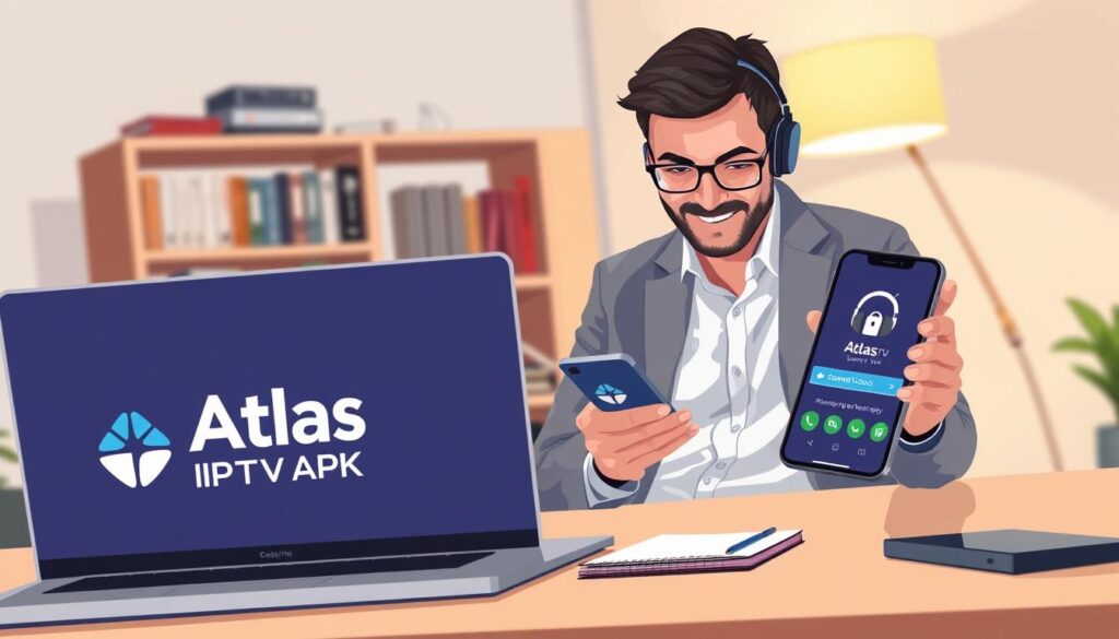 A sleek modern workspace illustrated in a warm and inviting light. In the foreground, a laptop is open, displaying the "Atlas IPTV APK" logo. Beside it, a smartphone shows the downloading screen of the app, with a friendly, tech-savvy individual dressed in casual business attire, focusing on the device. In the middle ground, there's a subtle hint of user-friendly tech accessories like headphones and a notepad for notes. The background features a blurred bookshelf filled with tech-related books and a soft, glowing desk lamp that casts a warm ambiance. The overall mood is one of professionalism and safety, emphasizing a secure and easy downloading process. A sleek modern workspace illustrated in a warm and inviting light. In the foreground, a laptop is open, displaying the "Atlas IPTV APK" logo. Beside it, a smartphone shows the downloading screen of the app, with a friendly, tech-savvy individual dressed in casual business attire, focusing on the device. In the middle ground, there's a subtle hint of user-friendly tech accessories like headphones and a notepad for notes. The background features a blurred bookshelf filled with tech-related books and a soft, glowing desk lamp that casts a warm ambiance. The overall mood is one of professionalism and safety, emphasizing a secure and easy downloading process.