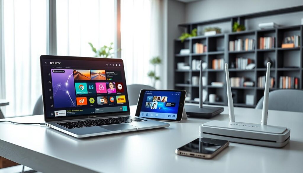 A sleek, modern workspace showcasing a comparison of the best IPTV applications in France for 2026. In the foreground, a high-tech laptop displays vibrant interfaces of various IPTV apps, each with colorful icons and ratings, showing analysis and recommendations. Midground elements include a stylish tablet and a smartphone, all connected to a sophisticated router, symbolizing high-speed connectivity. The background features a contemporary office environment with soft natural lighting streaming through large windows, and a subtle hint of bookshelves filled with tech-related literature. The atmosphere is professional and inviting, with a focus on technology and modern entertainment solutions, capturing the essence of IPTV innovation. A sleek, modern workspace showcasing a comparison of the best IPTV applications in France for 2026. In the foreground, a high-tech laptop displays vibrant interfaces of various IPTV apps, each with colorful icons and ratings, showing analysis and recommendations. Midground elements include a stylish tablet and a smartphone, all connected to a sophisticated router, symbolizing high-speed connectivity. The background features a contemporary office environment with soft natural lighting streaming through large windows, and a subtle hint of bookshelves filled with tech-related literature. The atmosphere is professional and inviting, with a focus on technology and modern entertainment solutions, capturing the essence of IPTV innovation.