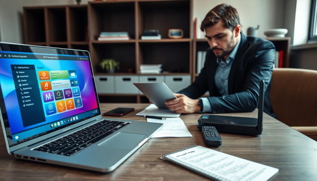 A sleek, professional workspace depicting the installation guide for IPTV Smarters Expert. In the foreground, a high-resolution laptop displaying the IPTV Smarters interface with vibrant colors and an intuitive layout. A user, dressed in smart casual attire, is engaging with the laptop, showing a focused expression of concentration. In the middle, notes and a notepad with installation steps are spread out, accompanied by tech gadgets like a remote control and a router, hinting at a modern setup. The background features a well-organized shelf with books and smart devices, under soft, natural lighting that creates a warm and inviting atmosphere. The scene reflects a tech-savvy environment conducive to learning and setup. A sleek, professional workspace depicting the installation guide for IPTV Smarters Expert. In the foreground, a high-resolution laptop displaying the IPTV Smarters interface with vibrant colors and an intuitive layout. A user, dressed in smart casual attire, is engaging with the laptop, showing a focused expression of concentration. In the middle, notes and a notepad with installation steps are spread out, accompanied by tech gadgets like a remote control and a router, hinting at a modern setup. The background features a well-organized shelf with books and smart devices, under soft, natural lighting that creates a warm and inviting atmosphere. The scene reflects a tech-savvy environment conducive to learning and setup.