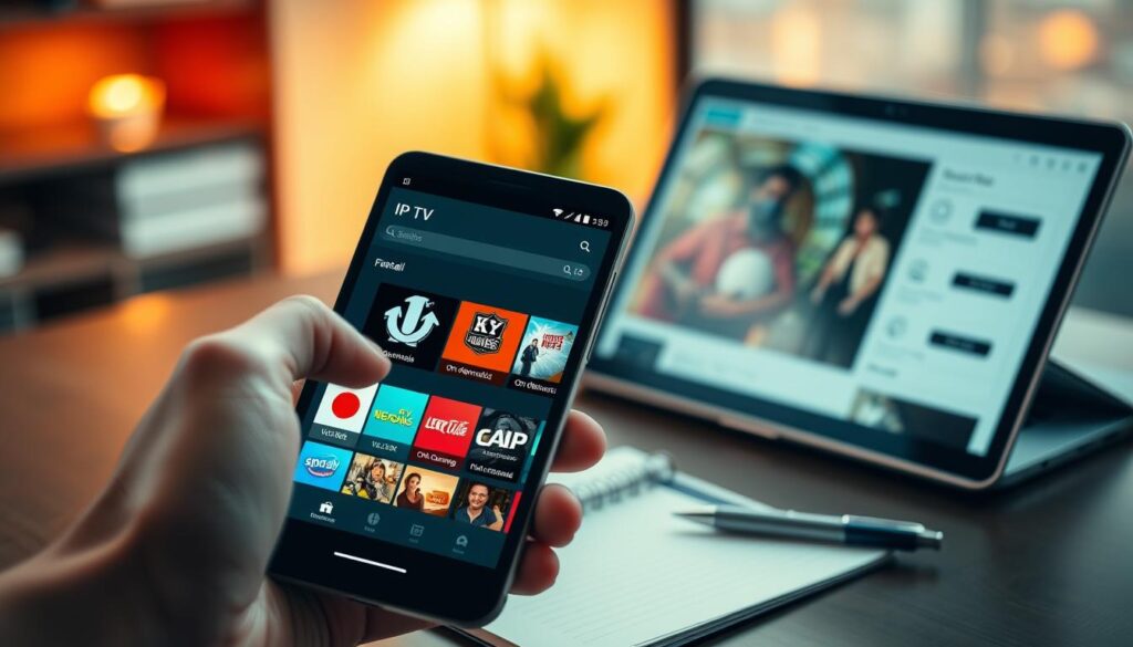 A sleek smartphone displaying the IPTV Smarters Pro APK interface, with vibrant icons showcasing live TV channels and on-demand content. The foreground features a hand reaching towards the screen, symbolizing interaction and installation. In the background, a modern workspace with a laptop, notepad, and a pen sets a professional tone, suggesting productivity. Warm ambient lighting illuminates the scene, creating a friendly and welcoming atmosphere. A soft focus on the workspace enhances the smartphone as the focal point, while a slightly elevated camera angle captures the detail of the phone’s screen clearly, ensuring readability of the app’s layout. The composition conveys a sense of ease and security in the downloading and installation process for users in France.